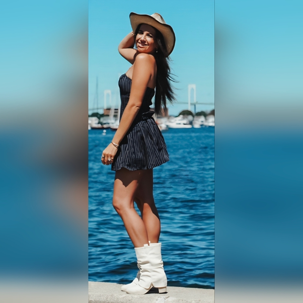 Commense Navy and White Pinstripe Dress